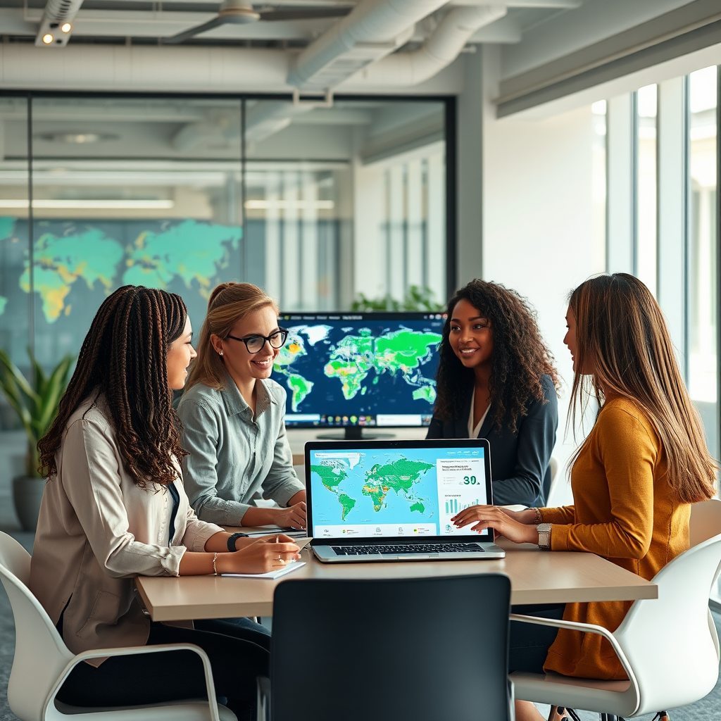 Diverse team of travel technology experts collaborating in a modern office environment with travel destination maps and data analytics on screens