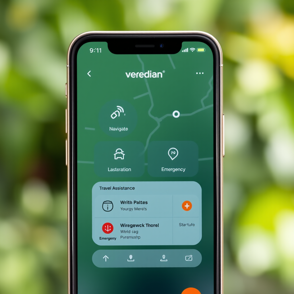 Veredian travel assistance app interface showing navigation, translation, and emergency features on a smartphone screen