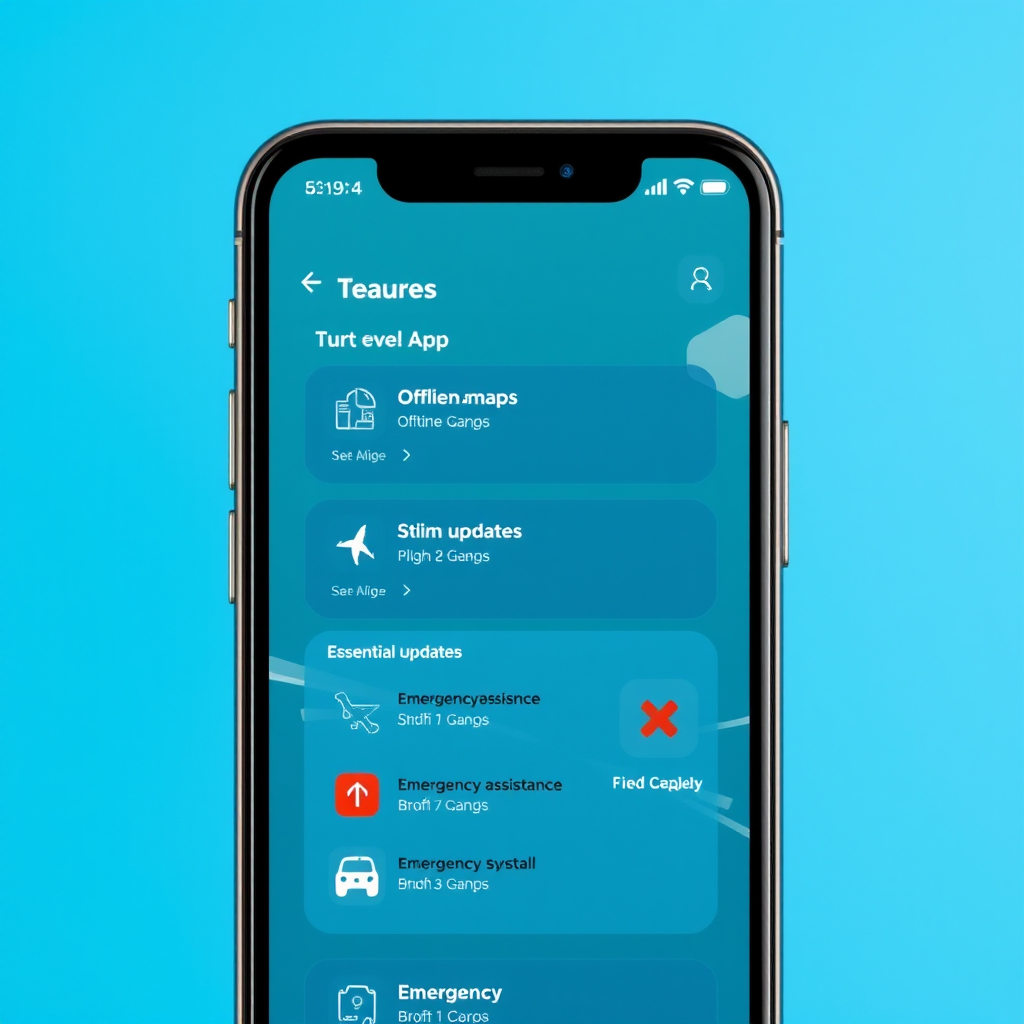 Modern smartphone displaying travel app interface with essential features like offline maps, flight updates, and emergency assistance tools against a vibrant blue background