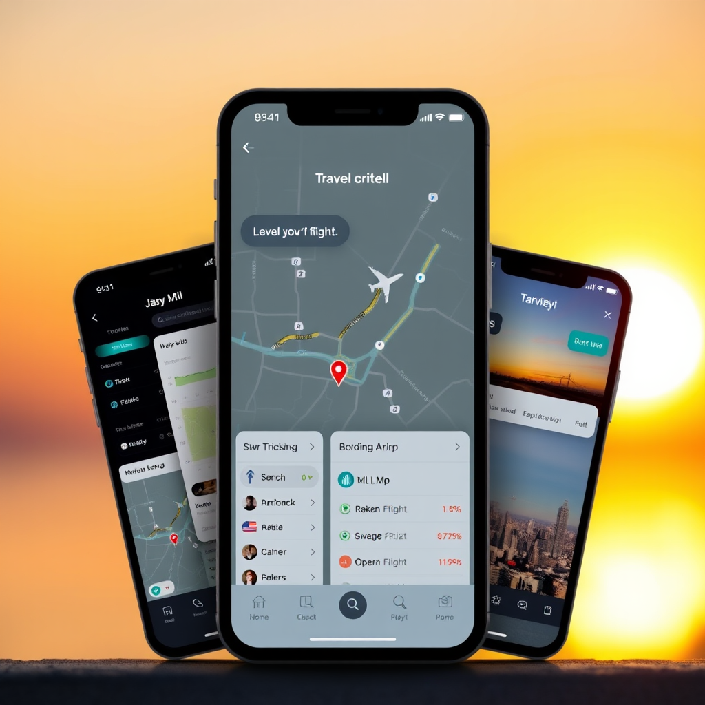 Modern smartphone displaying various travel app interfaces with maps, flight information, and booking features against a sunset gradient background