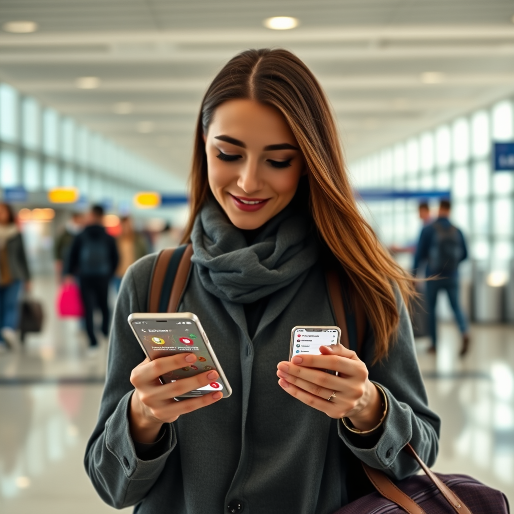 Solo female traveler using smartphone with travel safety app interface showing location sharing, emergency contacts, and real-time safety alerts in a modern airport terminal