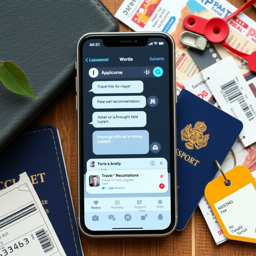 Modern smartphone displaying AI travel assistant interface with chat bubbles, travel icons, and personalized recommendations on screen, surrounded by travel items like passport, boarding passes, and luggage tags