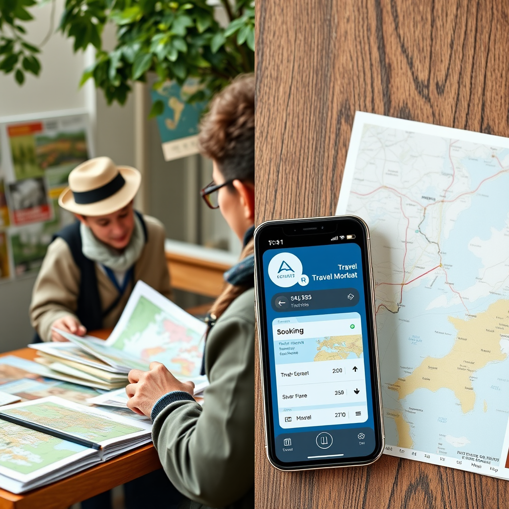 Split screen comparison showing traditional travel planning with paper maps, guidebooks and travel agent on left side versus modern smartphone with travel app interface, booking confirmations and digital maps on right side