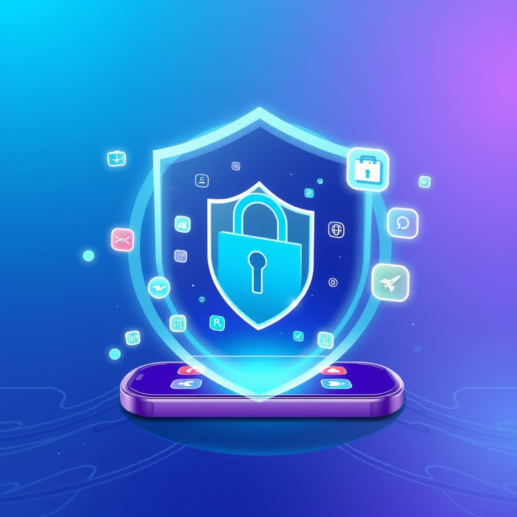 Digital security shield protecting smartphone with travel apps, cybersecurity icons floating around device, modern tech illustration with blue and purple gradient background