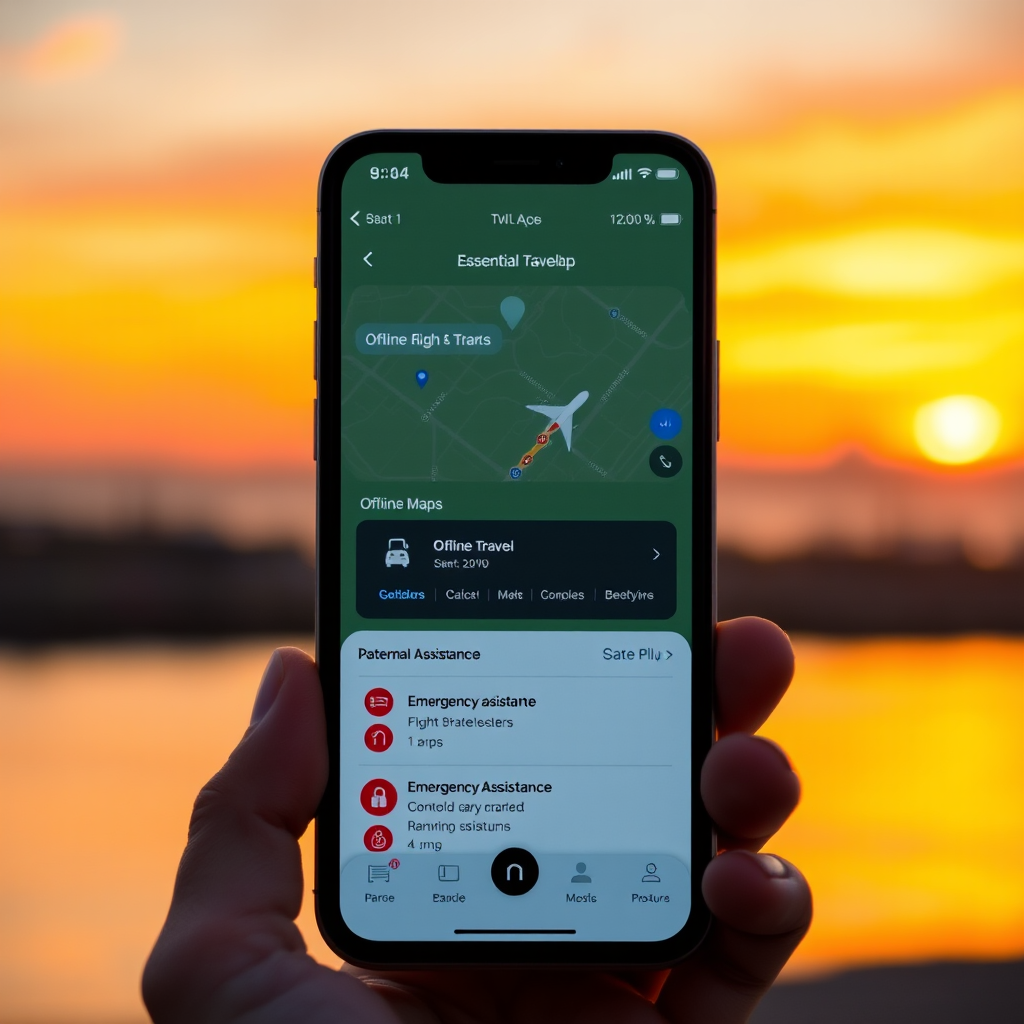 Modern smartphone displaying essential travel app interface with offline maps, flight tracking, and emergency assistance features against a vibrant sunset background