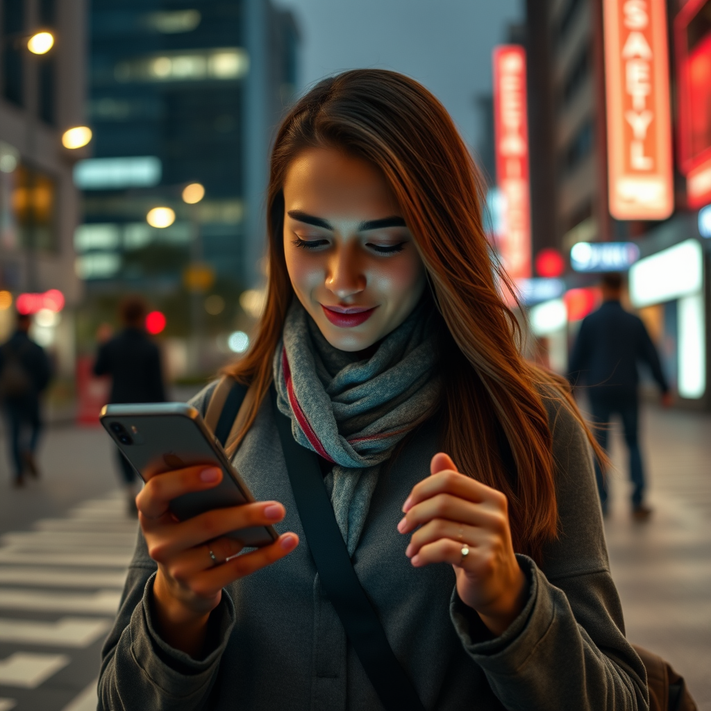 Solo female traveler using smartphone with safety app features, location sharing interface visible on screen, set against urban cityscape background with neon lighting effects