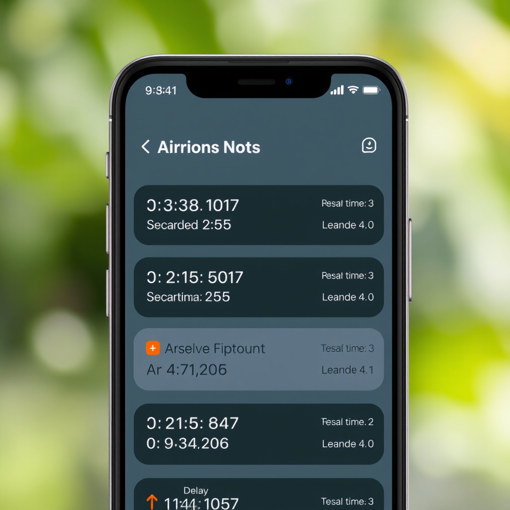 Mobile phone screen showing real-time flight status updates with departure times, gate numbers, and delay notifications in a clean, modern interface
