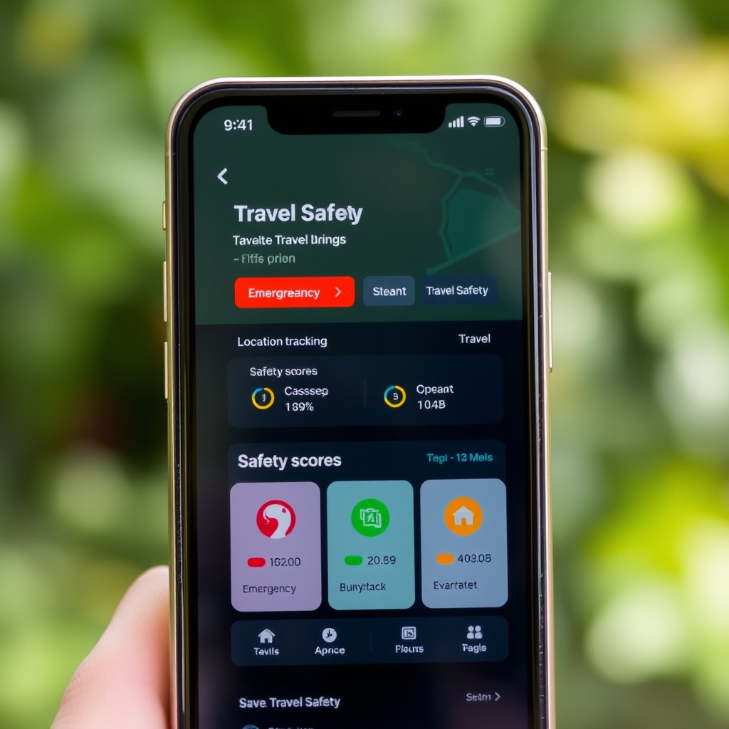 Smartphone screen displaying travel safety app dashboard with emergency button, location tracking, and safety score indicators