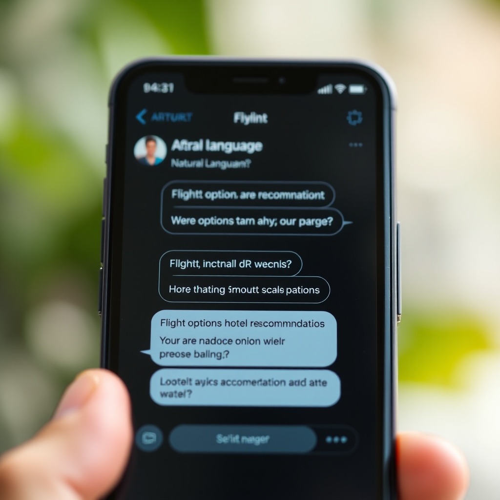 Close-up view of AI chatbot interface on mobile screen showing natural language conversation between traveler and AI assistant discussing flight options and hotel recommendations