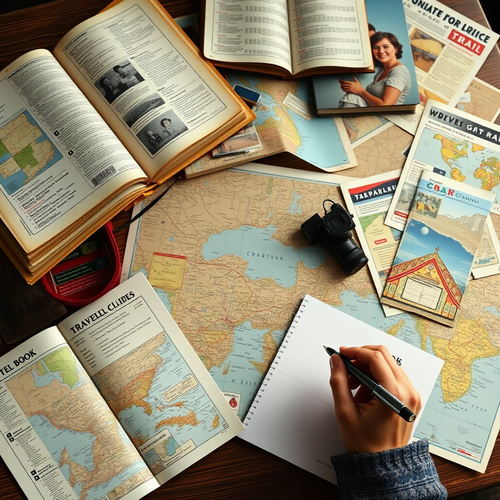 Vintage travel planning scene with physical guidebooks, paper maps spread on table, travel brochures, and person making notes with pen