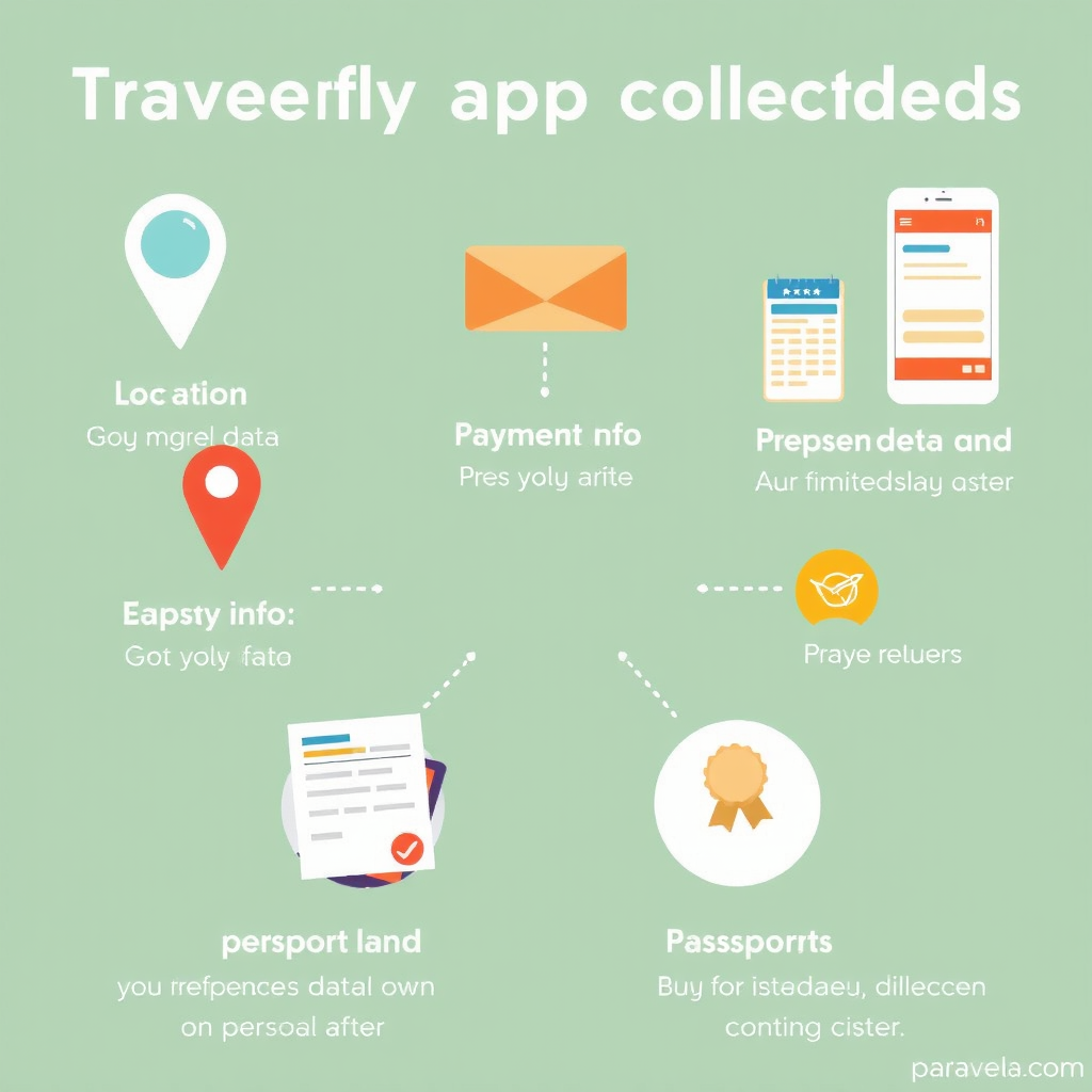 Infographic showing different types of personal data collected by travel apps including location, payment info, passport details, and preferences