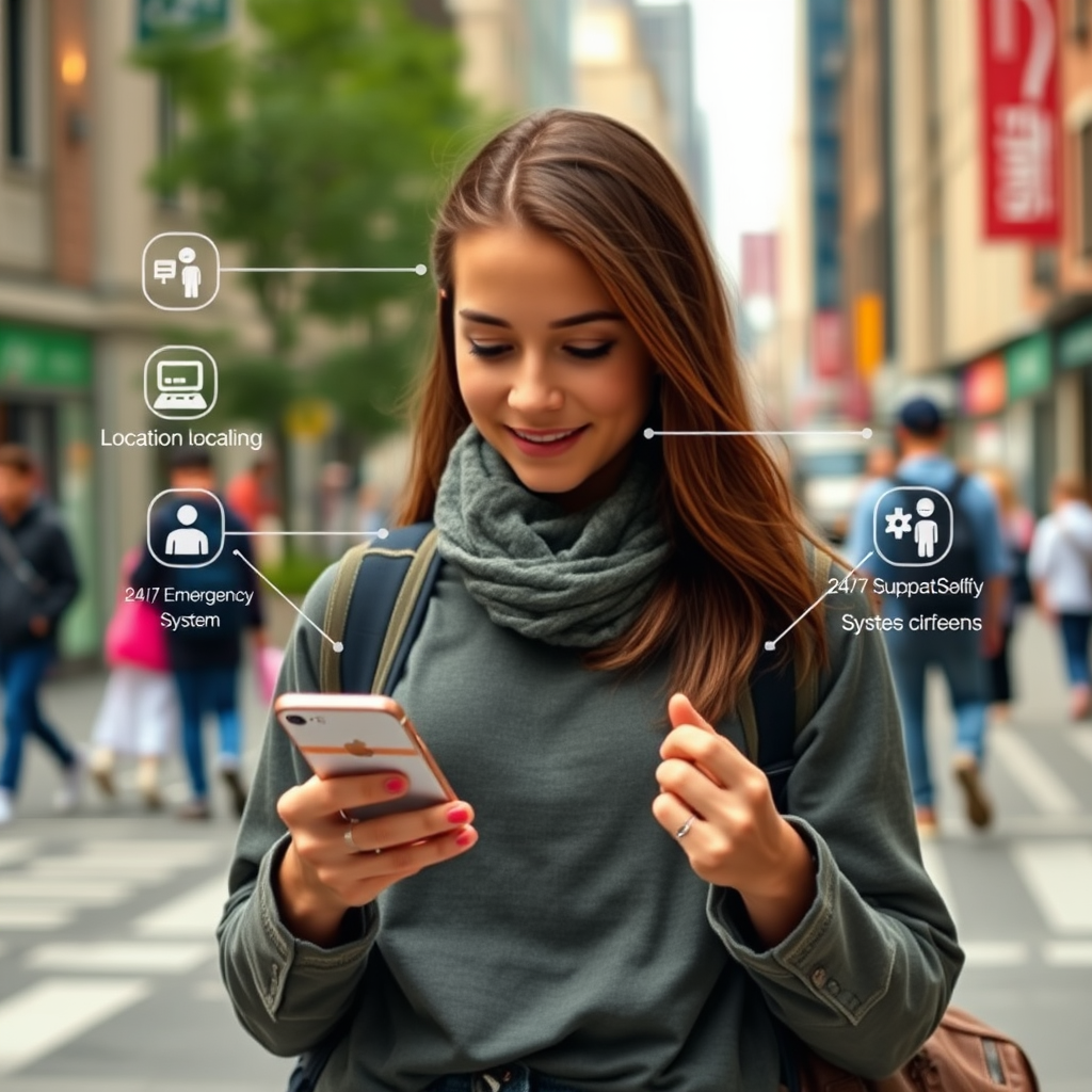 Young solo traveler using smartphone with safety app features including location sharing, emergency contacts, and 24/7 support system in a bustling city environment