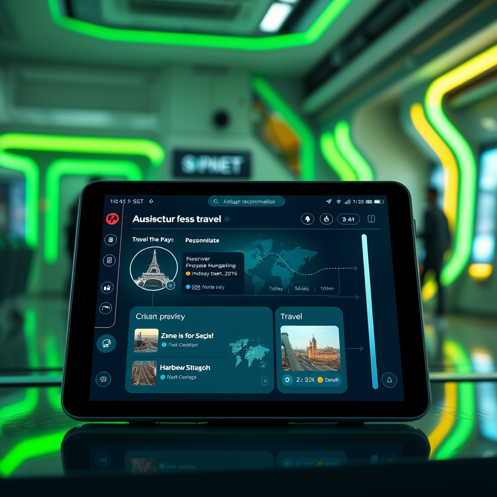 Futuristic AI assistant interface on tablet screen showing personalized travel recommendations, with holographic elements and neon green accents in a high-tech environment
