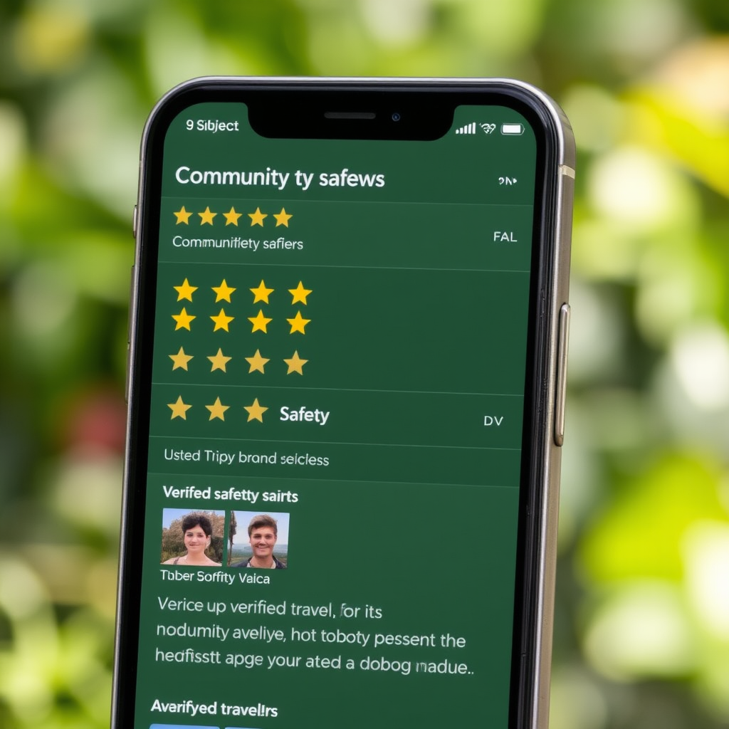 Mobile app interface showing community safety reviews with star ratings, user photos, and safety tips from verified travelers