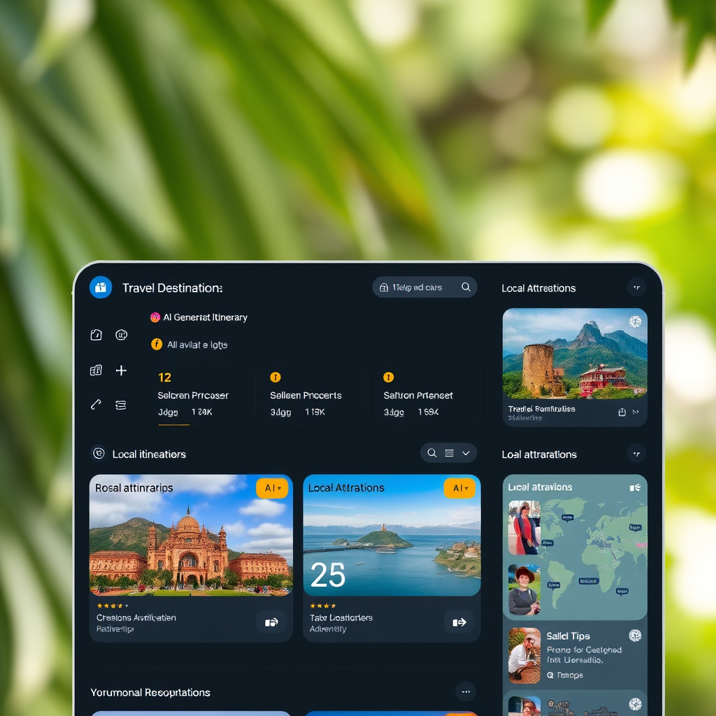 Travel app dashboard displaying personalized destination recommendations with AI-generated itineraries, local attractions, and customized travel tips based on user preferences