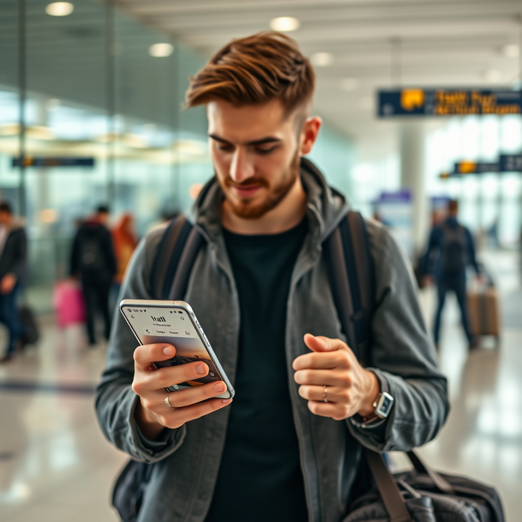 Modern traveler using smartphone with travel app interface showing real-time flight updates, hotel bookings, local recommendations, and GPS navigation in airport setting