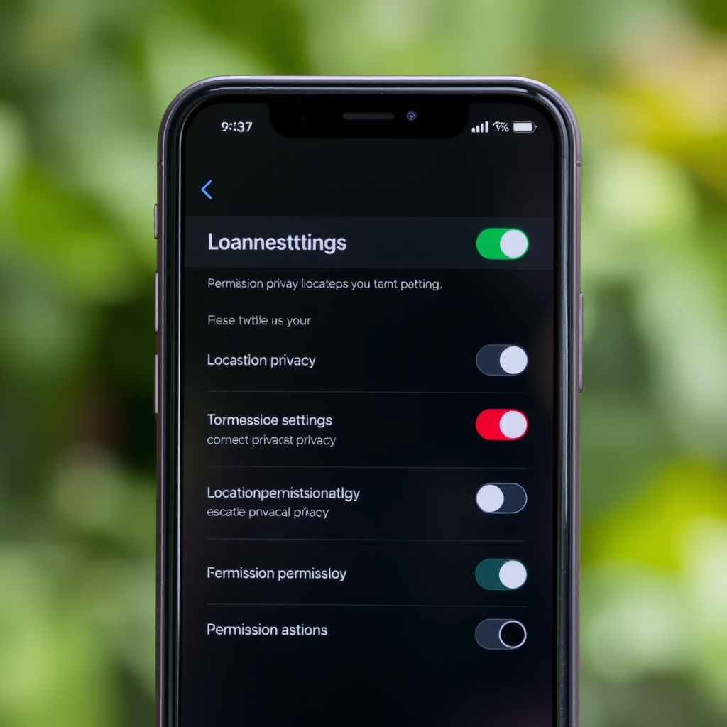 Smartphone screen showing location privacy settings with toggle switches for different permission levels