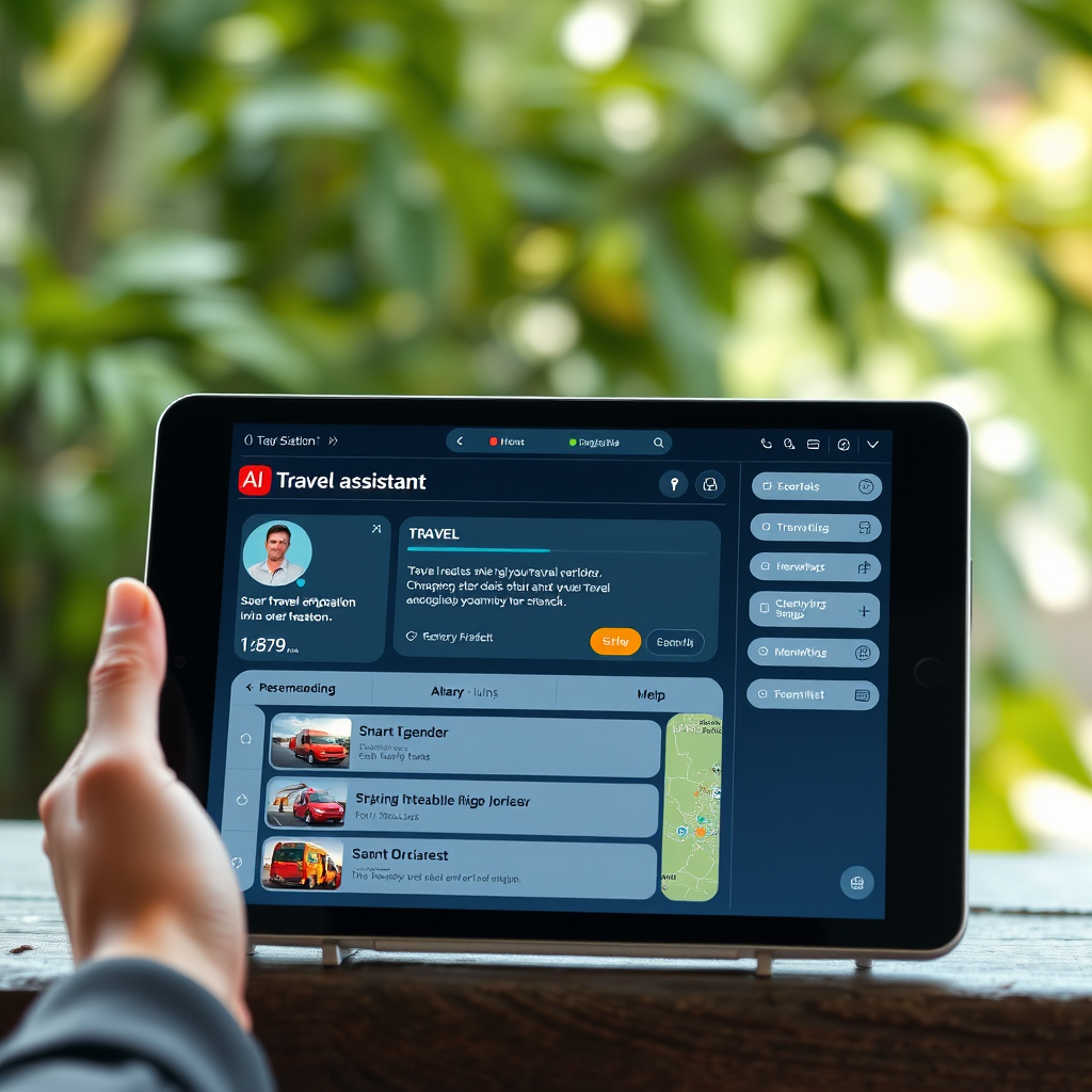 Futuristic AI travel assistant interface on tablet showing personalized travel recommendations, smart itinerary planning, and artificial intelligence chat bot helping travelers