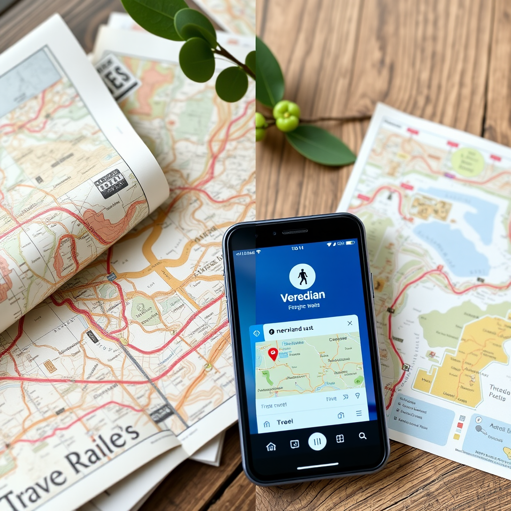 Split-screen comparison showing traditional paper maps and guidebooks on left versus modern smartphone with Veredian travel app interface on right, highlighting digital transformation in travel planning