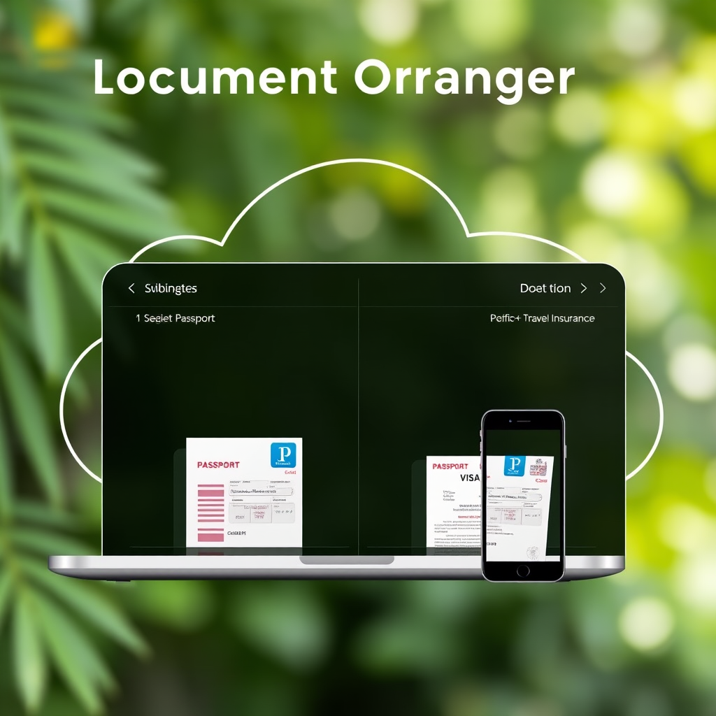 Digital document organizer interface showing passport, visa, and travel insurance documents stored securely in cloud storage with easy access across multiple devices