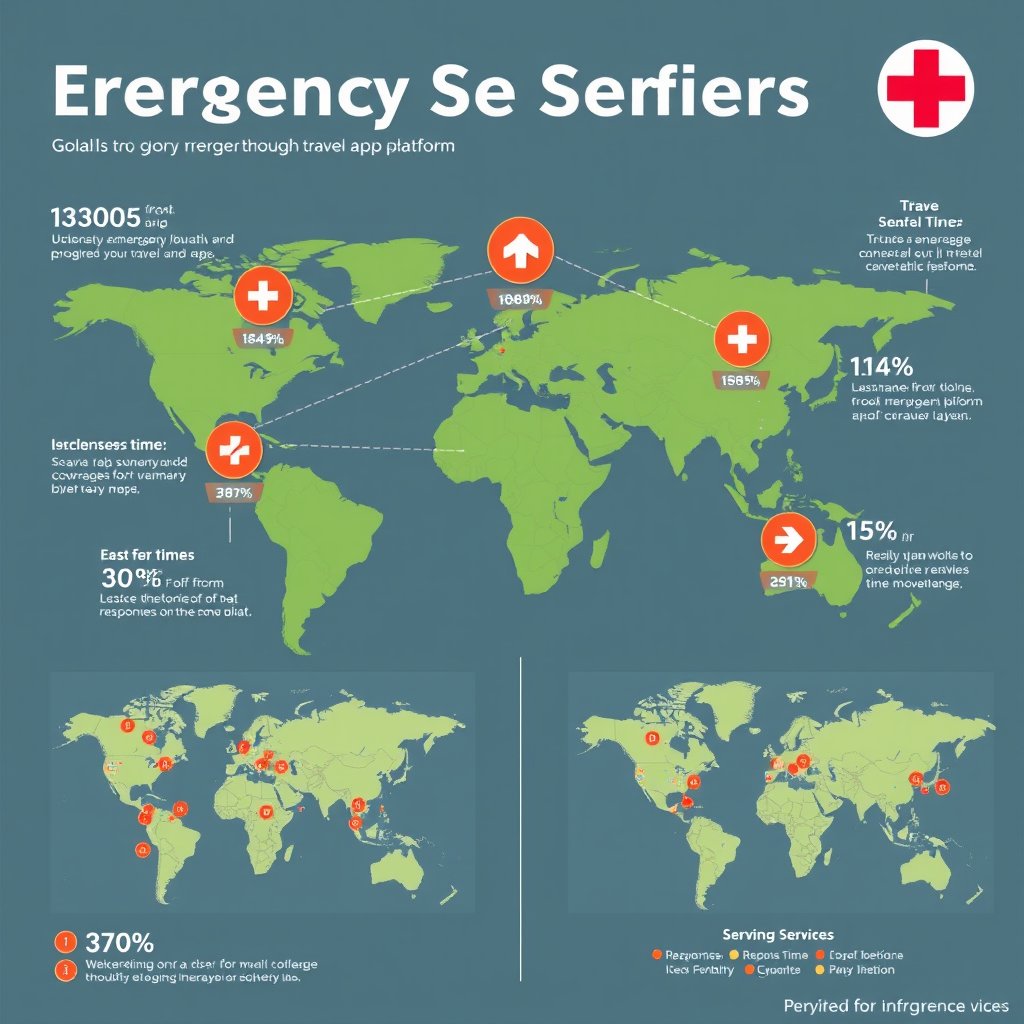 Infographic showing global network of emergency services connected through travel app platform with response time statistics and coverage maps