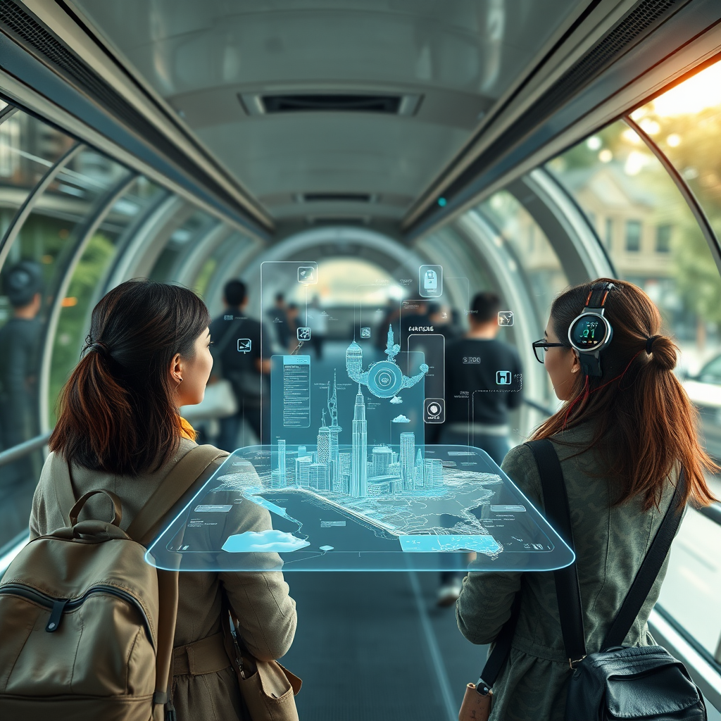 Futuristic travel scene showing holographic AI interface projecting 3D city maps, augmented reality travel information overlays, and smart wearable devices connecting travelers to AI assistants