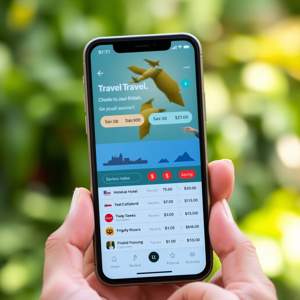 Smartphone displaying travel app with cost comparison charts showing savings percentages for flights, hotels and activities with dollar signs and discount badges