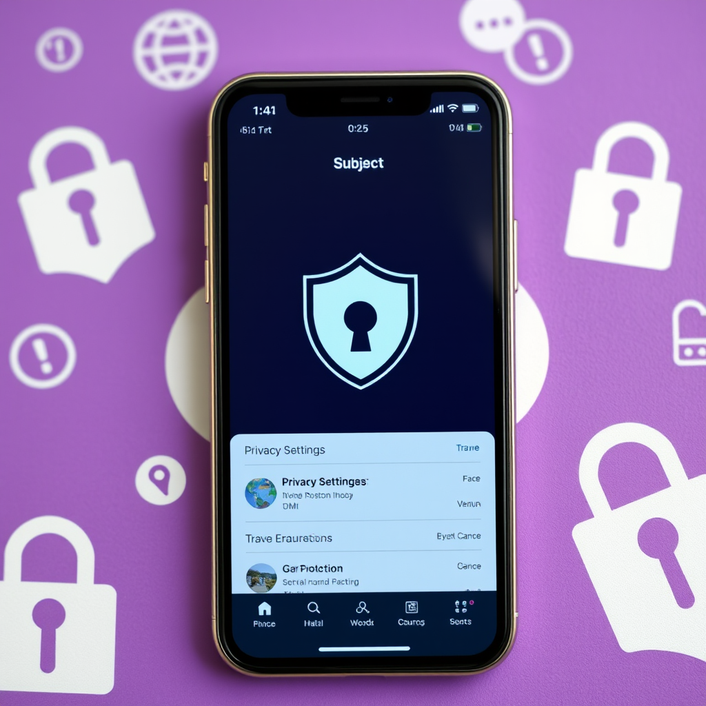 Secure smartphone with shield icon and lock symbols, displaying privacy settings interface of travel app with data protection features, set against purple gradient background with security elements