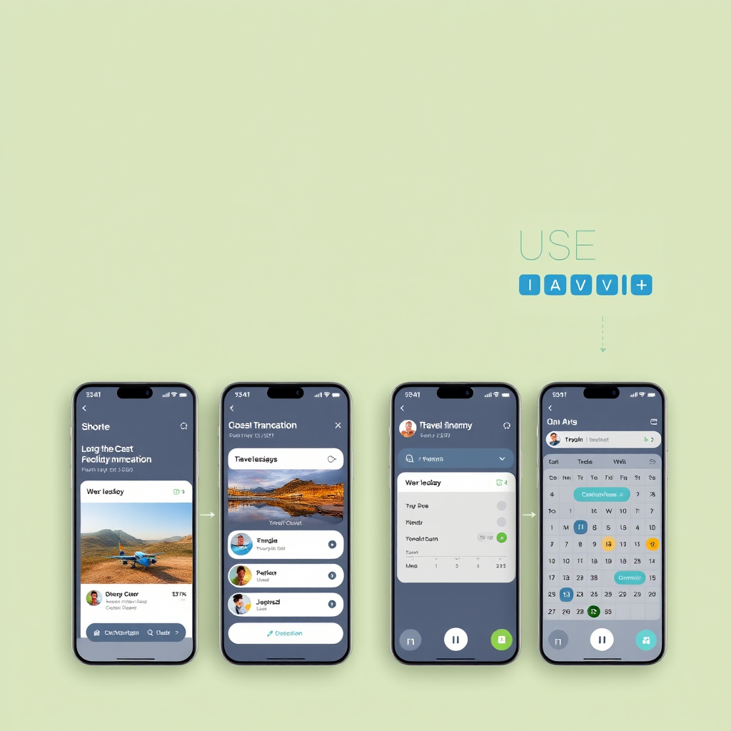 User interface mockup showing travel app screens with smooth transitions, intuitive navigation, booking confirmations, and integrated calendar with travel itinerary