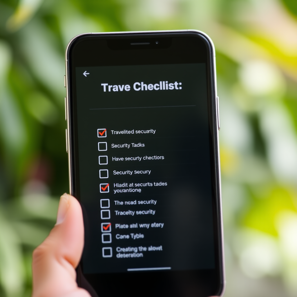 Mobile phone displaying travel security checklist with checkmarks next to completed security tasks